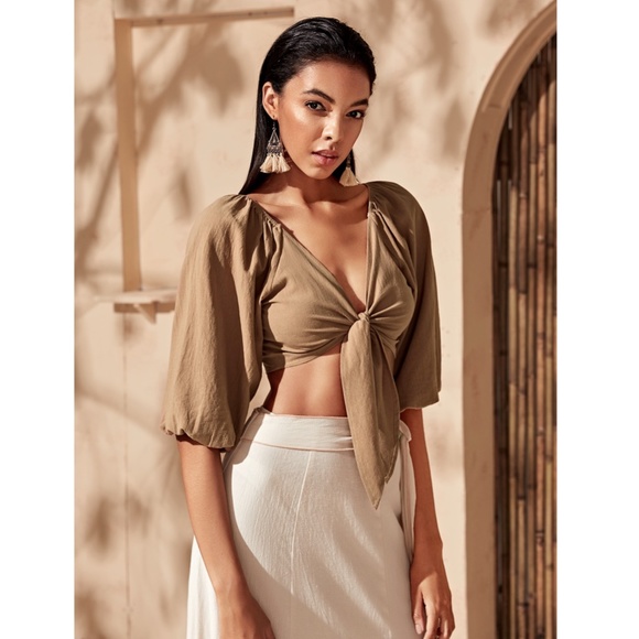 Tie Front Khaki Crop Top - Picture 5 of 6